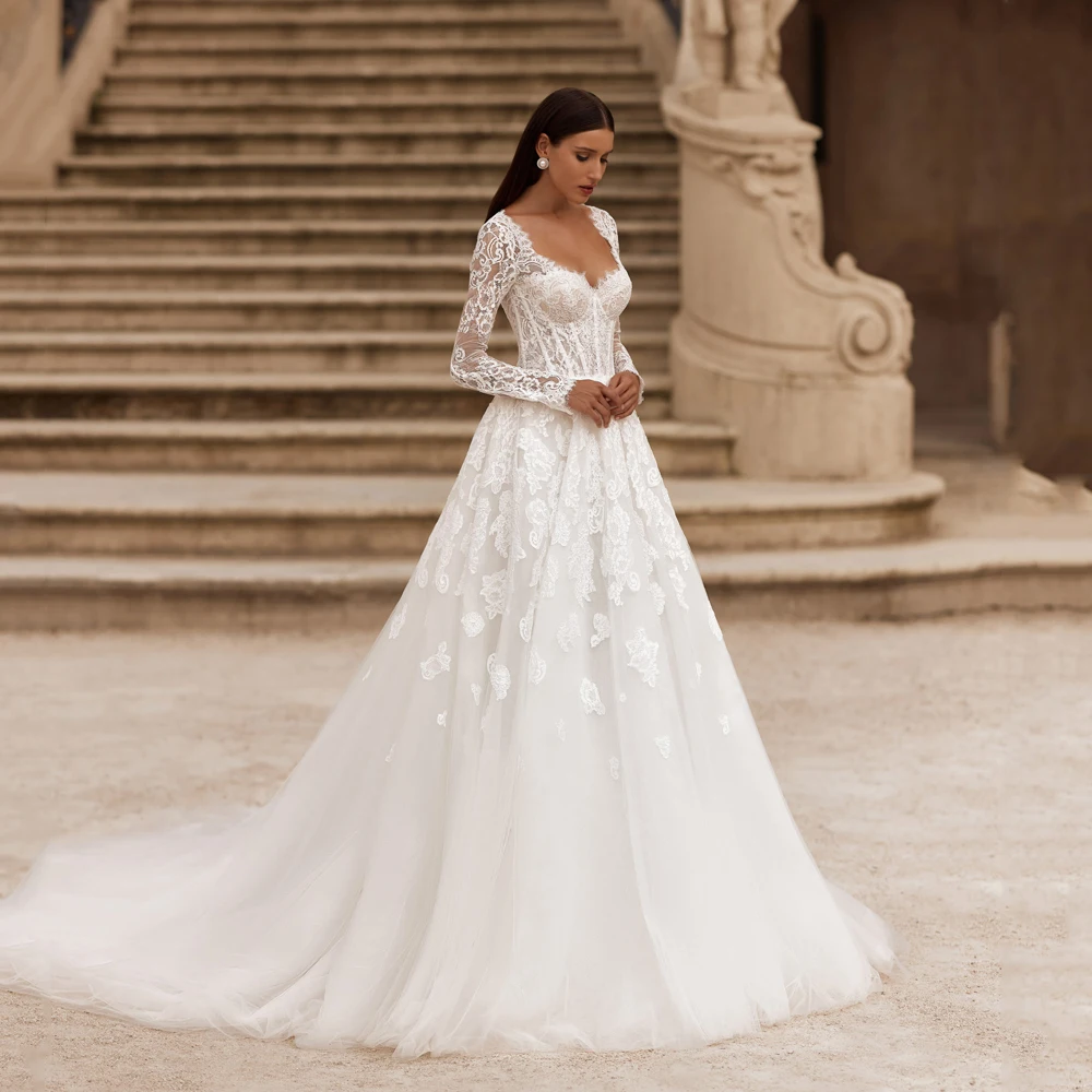 Customized Lace Sweetheart Elegant Wedding Gowns Long Sleeve A-Line Tulle vestidos de novia Applique Corset Bride Dresses Women
Customized Lace Sweetheart Elegant Wedding Gowns Long Sleeve A-Line Tulle vestidos de novia Applique Corset Bride Dresses Women