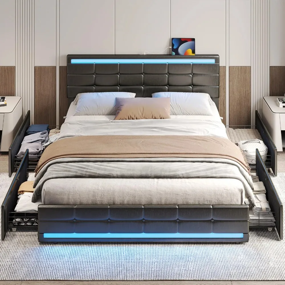 Adult Full Storage Headboard Wood Metal Leather Standard Bed with LED Light & Drawers, Modern full size bed frame
Adult Full Storage Headboard Wood Metal Leather Standard Bed with LED Light & Drawers, Modern full size bed frame