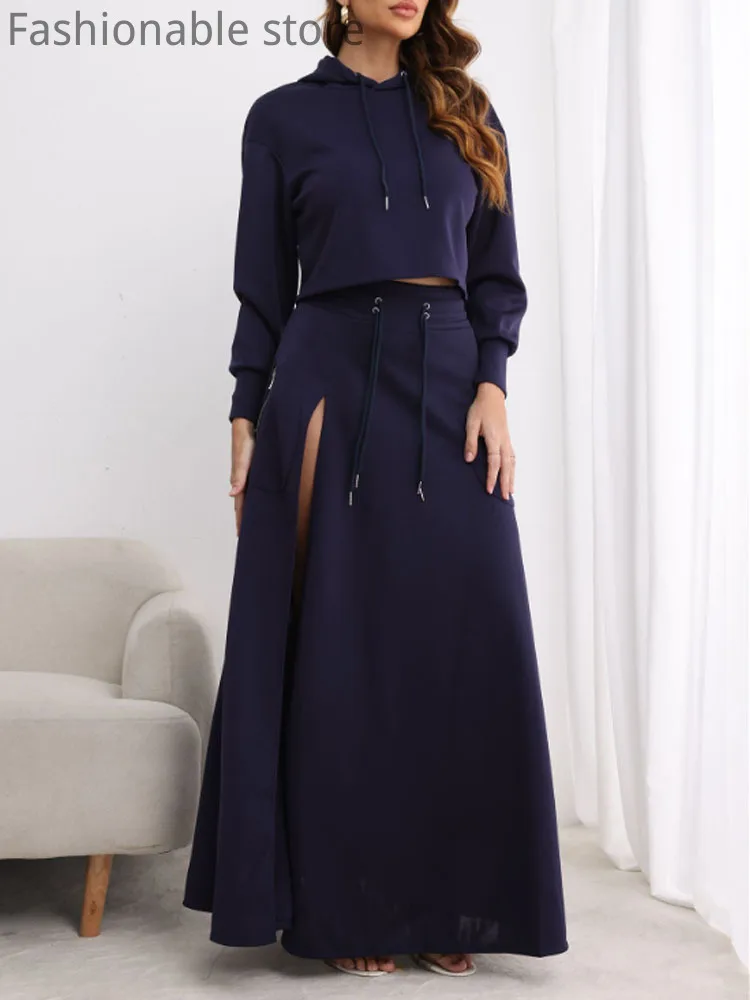 Women's Casual Solid Color Long Sleeve Hooded Top and High Waist Floor-length Skirt 2pcs Set
Women's Casual Solid Color Long Sleeve Hooded Top and High Waist Floor-length Skirt 2pcs Set