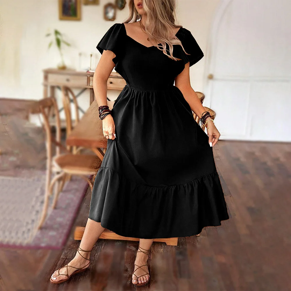 Plus Size Black temperament French knee ruffle edge short sleeve square neck slim back dress
Plus Size Black temperament French knee ruffle edge short sleeve square neck slim back dress