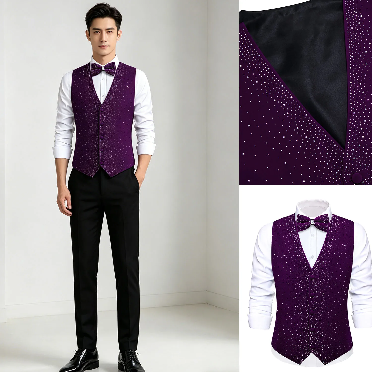 Men's Purple Rhinestone Velvet Vest with Bow Tie, Slim Fit Formal Dress Waistcoat for Wedding Party
Men's Purple Rhinestone Velvet Vest with Bow Tie, Slim Fit Formal Dress Waistcoat for Wedding Party