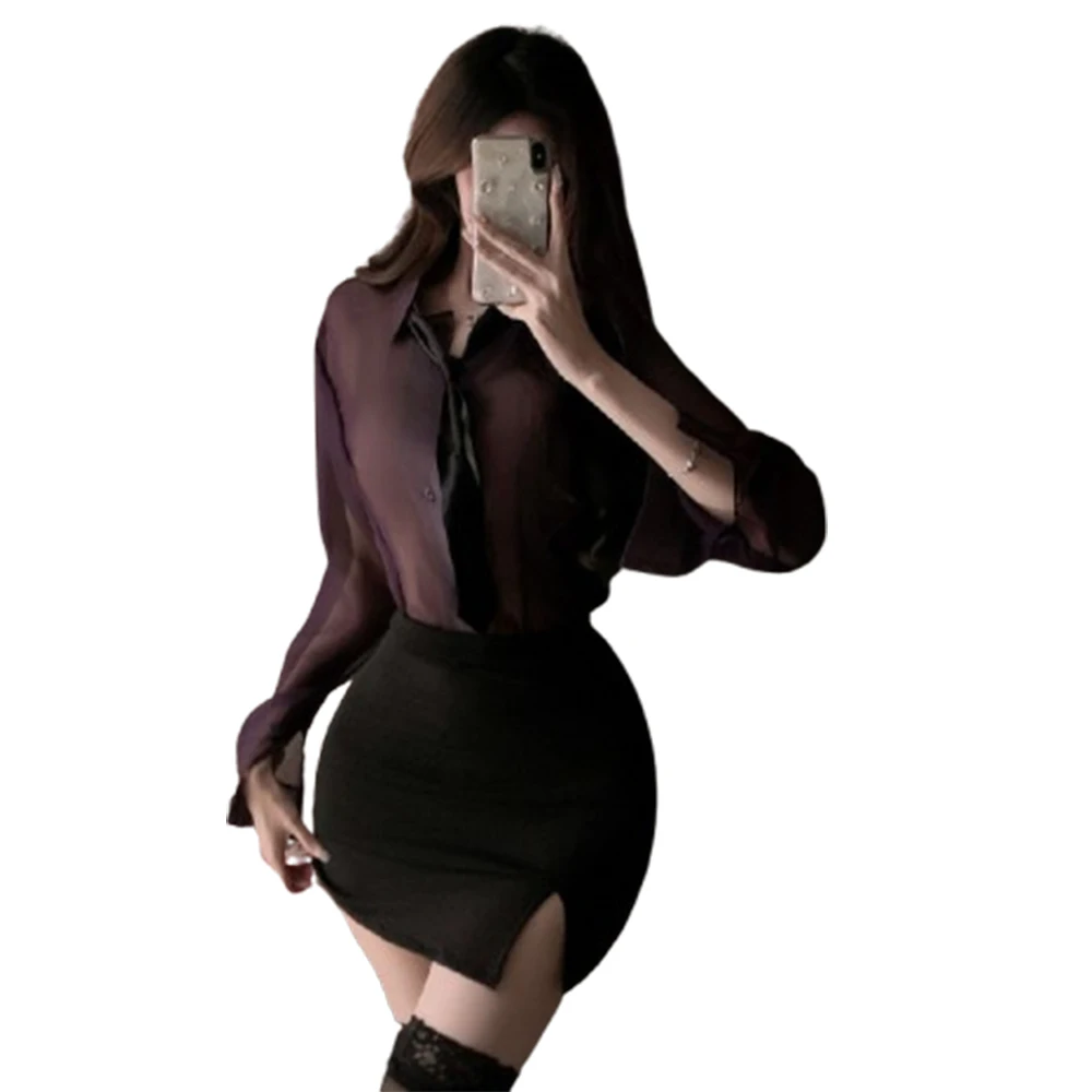 Women Seductive Sexy Office Secretary Cosplay Outfit Sheer Purple Long Sleeve Shirt Split Mini Skirt Tie Set Office Lady Costume
Women Seductive Sexy Office Secretary Cosplay Outfit Sheer Purple Long Sleeve Shirt Split Mini Skirt Tie Set Office Lady Costume