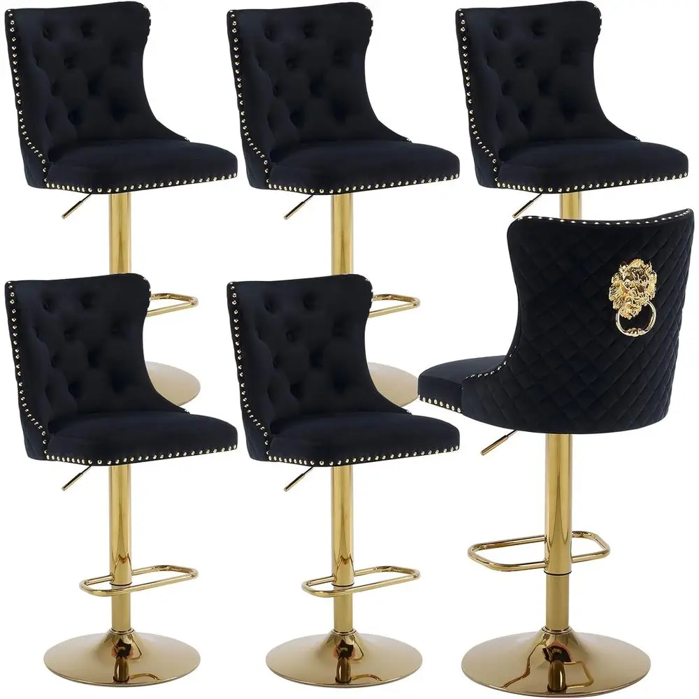Set of 6 Adjustable Swivel Bar Stools with Velvet Upholstery, Lion Pull Ring, Suitable for Kitchen Island or Dining Room, Black
Set of 6 Adjustable Swivel Bar Stools with Velvet Upholstery, Lion Pull Ring, Suitable for Kitchen Island or Dining Room, Black