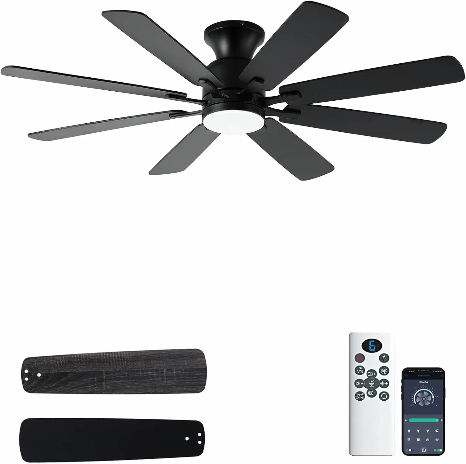 52 Inch Ceiling Fan with Light, Low Profile, 8 Blades, DC Motor, Remote Control, Flush Mount, Indoor/Outdoor Black
52 Inch Ceiling Fan with Light, Low Profile, 8 Blades, DC Motor, Remote Control, Flush Mount, Indoor/Outdoor Black