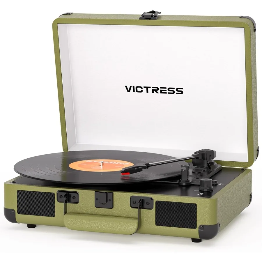 Портативный зеленый проигрыватель виниловых пластинок с Bluetooth-колонками, 3-скоростной проигрыватель с ременным приводом, разъемы RCA/AUX/для наушников, функция записи
Портативный зеленый проигрыватель виниловых пластинок с Bluetooth-колонками, 3-скоростной проигрыватель с ременным приводом, разъемы RCA/AUX/для наушников, функция записи