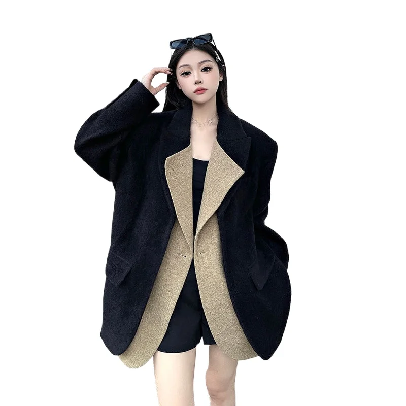 Women Blazers Black Woolen Suit Jacket for Women's Coat Autumn Winter New Style Color Blocked Loose Woolen Coat
Women Blazers Black Woolen Suit Jacket for Women's Coat Autumn Winter New Style Color Blocked Loose Woolen Coat