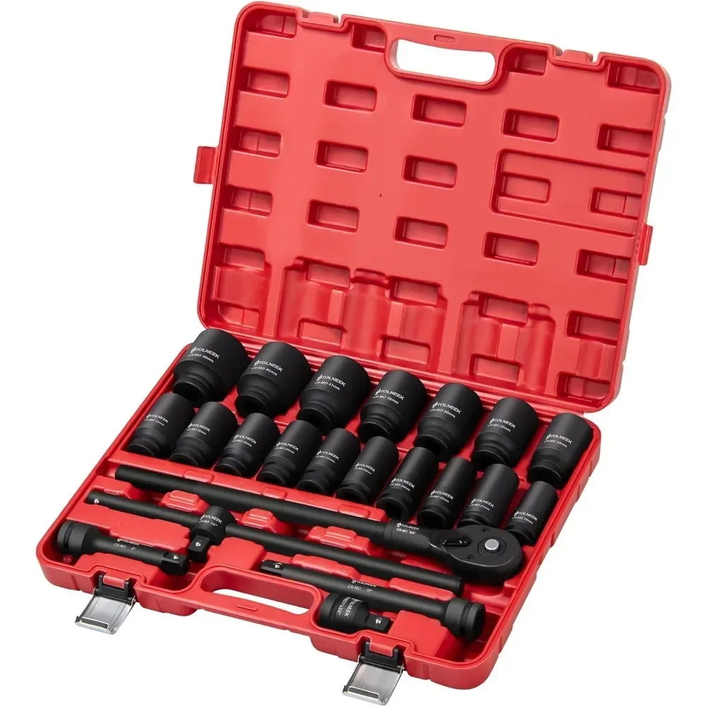 Metric 22-Piece 6-Point 3/4 Drive Impact Socket Set with Cr-Mo Steel, Adapters, and Quick Release Ratchet Wrench
Metric 22-Piece 6-Point 3/4 Drive Impact Socket Set with Cr-Mo Steel, Adapters, and Quick Release Ratchet Wrench