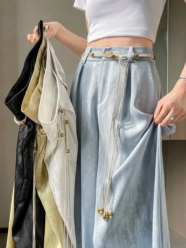 New Chinese Style Acidic Satin Dyed Suit Pants Women Summer Thin Straight High Waist Draping Ice Silk Wide Leg Casual Trousers
New Chinese Style Acidic Satin Dyed Suit Pants Women Summer Thin Straight High Waist Draping Ice Silk Wide Leg Casual Trousers