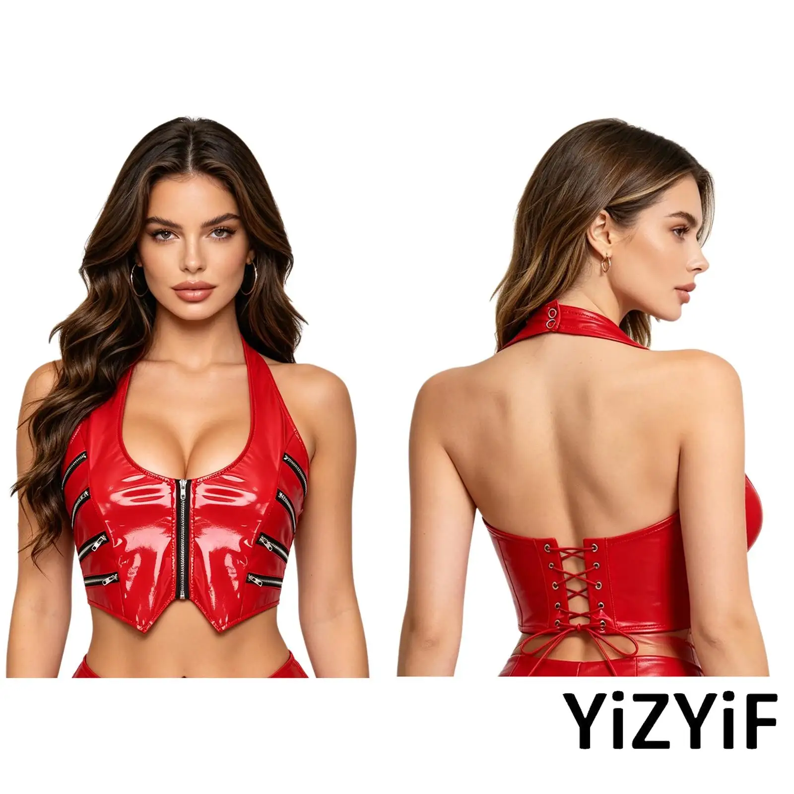 Mini Corset Crop Vest Tops for Women Glossy PU Leather Halter Top Front Zipper Back Lace Up Zip Y2K Clubwear for Pole Dancing
Mini Corset Crop Vest Tops for Women Glossy PU Leather Halter Top Front Zipper Back Lace Up Zip Y2K Clubwear for Pole Dancing