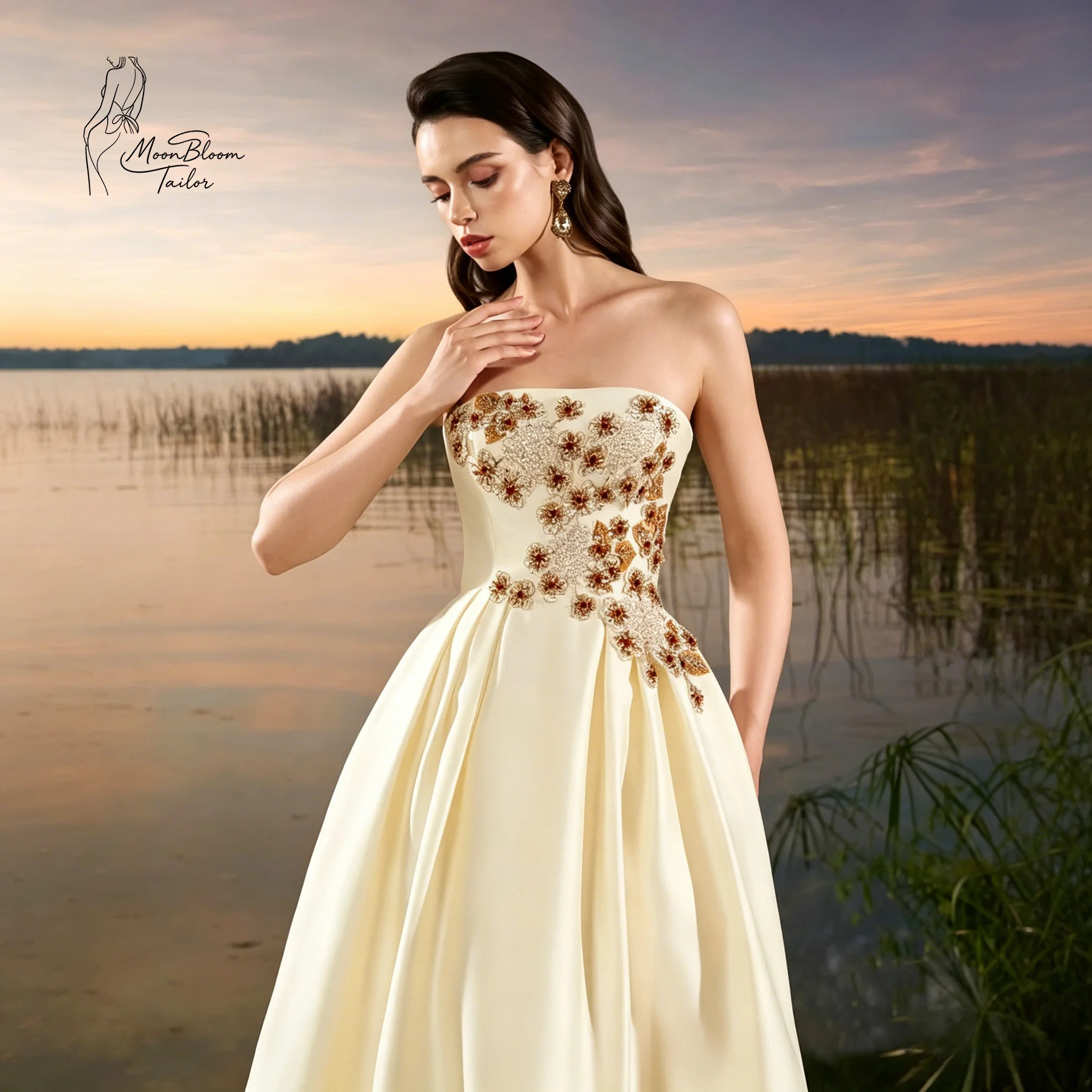 MoonBloom Tailor Gown: Champagne Satin Maxi Dress Strapless Sweetheart Neckline with 3D Floral Beading Embroidery A-Line Formal
MoonBloom Tailor Gown: Champagne Satin Maxi Dress Strapless Sweetheart Neckline with 3D Floral Beading Embroidery A-Line Formal