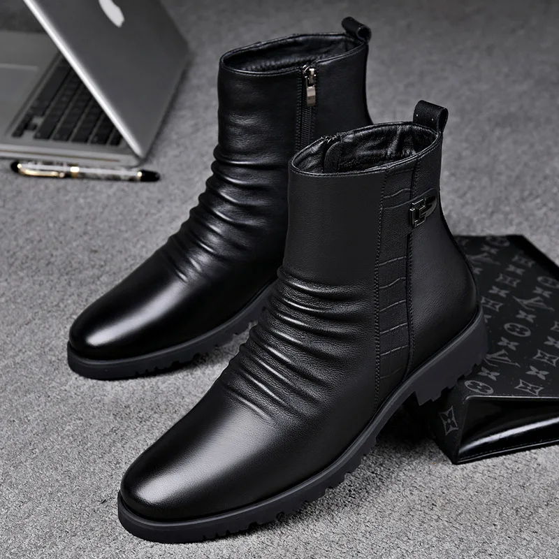Quality Men's Black Leather Chelsea Boots Side Zipper Slip on Casual Dress Boots Pleated Non-slip Block Heel Winter Ankle Boots
Quality Men's Black Leather Chelsea Boots Side Zipper Slip on Casual Dress Boots Pleated Non-slip Block Heel Winter Ankle Boots