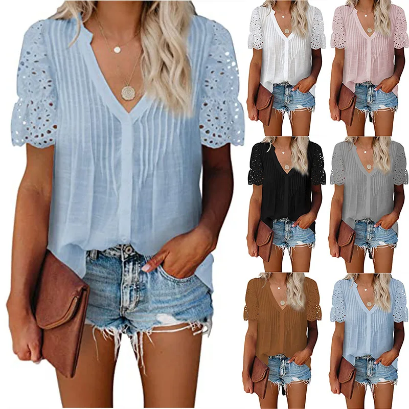 Spring and Summer Casual V-neck Lace Splicing Pleated Short-sleeved Chiffon Shirt Top
Spring and Summer Casual V-neck Lace Splicing Pleated Short-sleeved Chiffon Shirt Top