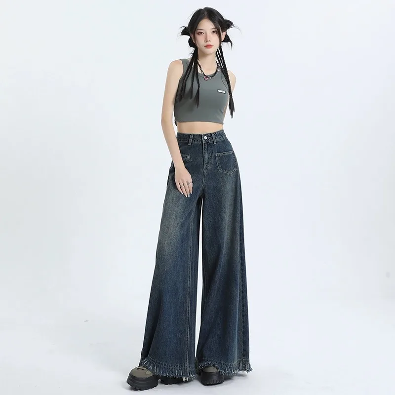 American Retro Frayed Hem Wide Leg Jeans Women's High Waist Loose Slimming Floor-Length Pants Autumn Winter Denim Skinnies
American Retro Frayed Hem Wide Leg Jeans Women's High Waist Loose Slimming Floor-Length Pants Autumn Winter Denim Skinnies