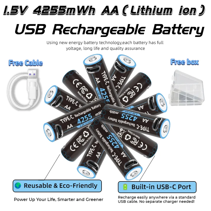 1.5V AA Rechargeable Battery 4255mWh Type-C USB, Lithium Battery for Remote Control Toy with Charging Cable, Fast Charging 
1.5V AA Rechargeable Battery 4255mWh Type-C USB, Lithium Battery for Remote Control Toy with Charging Cable, Fast Charging
