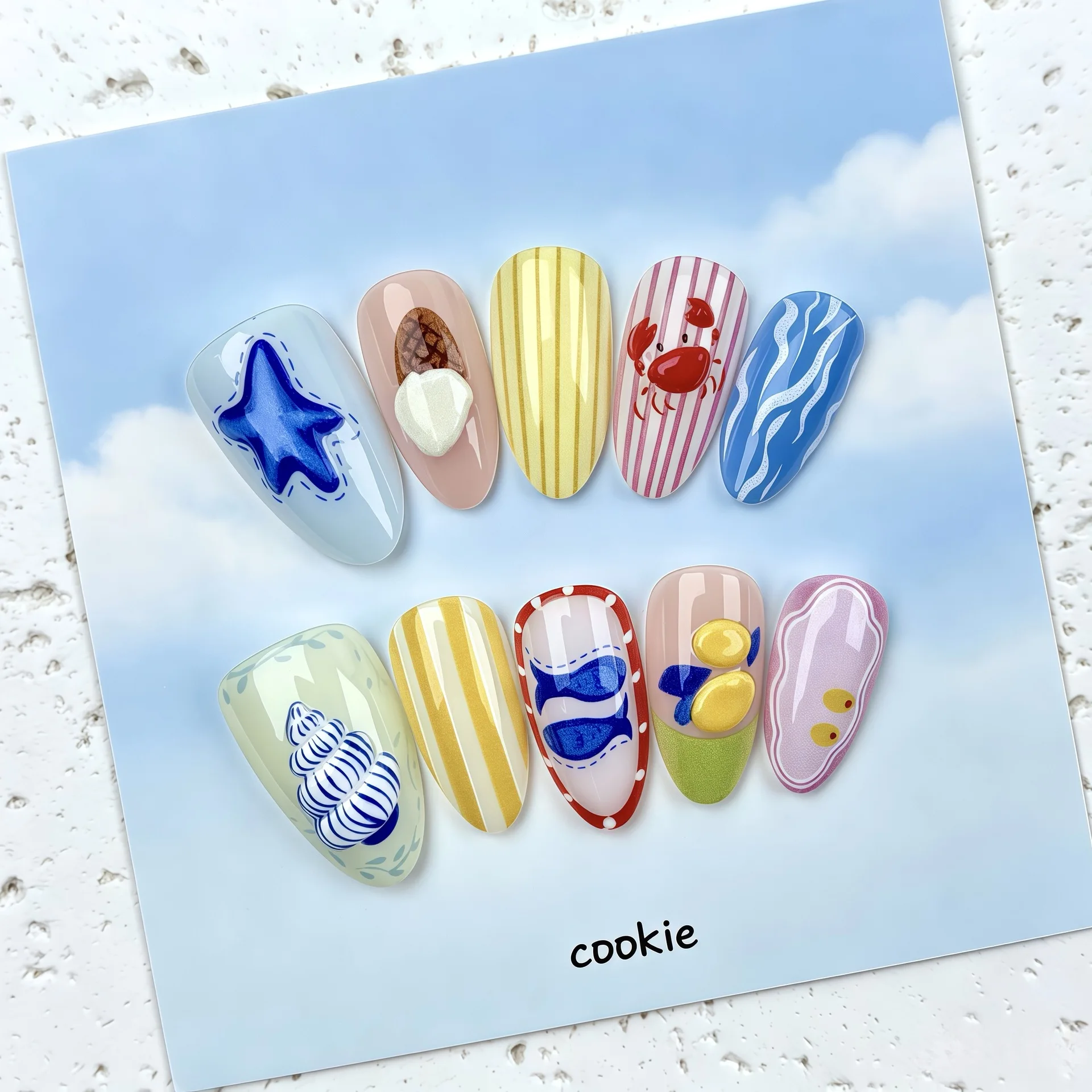 24PCS Cartoon Ocean Beach Press on Nails with Crab Whale Starfish Seashell Striped Print Decor Acrylic False Nails for Summer
24PCS Cartoon Ocean Beach Press on Nails with Crab Whale Starfish Seashell Striped Print Decor Acrylic False Nails for Summer