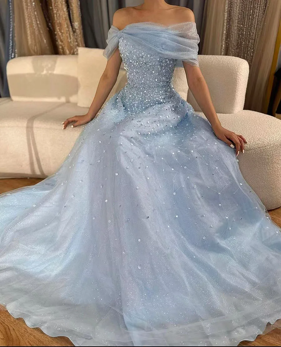 2025 Tulle Beaded Sparkly Crystal Arabic Blue Off the Shoulder Evening Dress Formal Wedding Occasions Prom Gown Customized
2025 Tulle Beaded Sparkly Crystal Arabic Blue Off the Shoulder Evening Dress Formal Wedding Occasions Prom Gown Customized