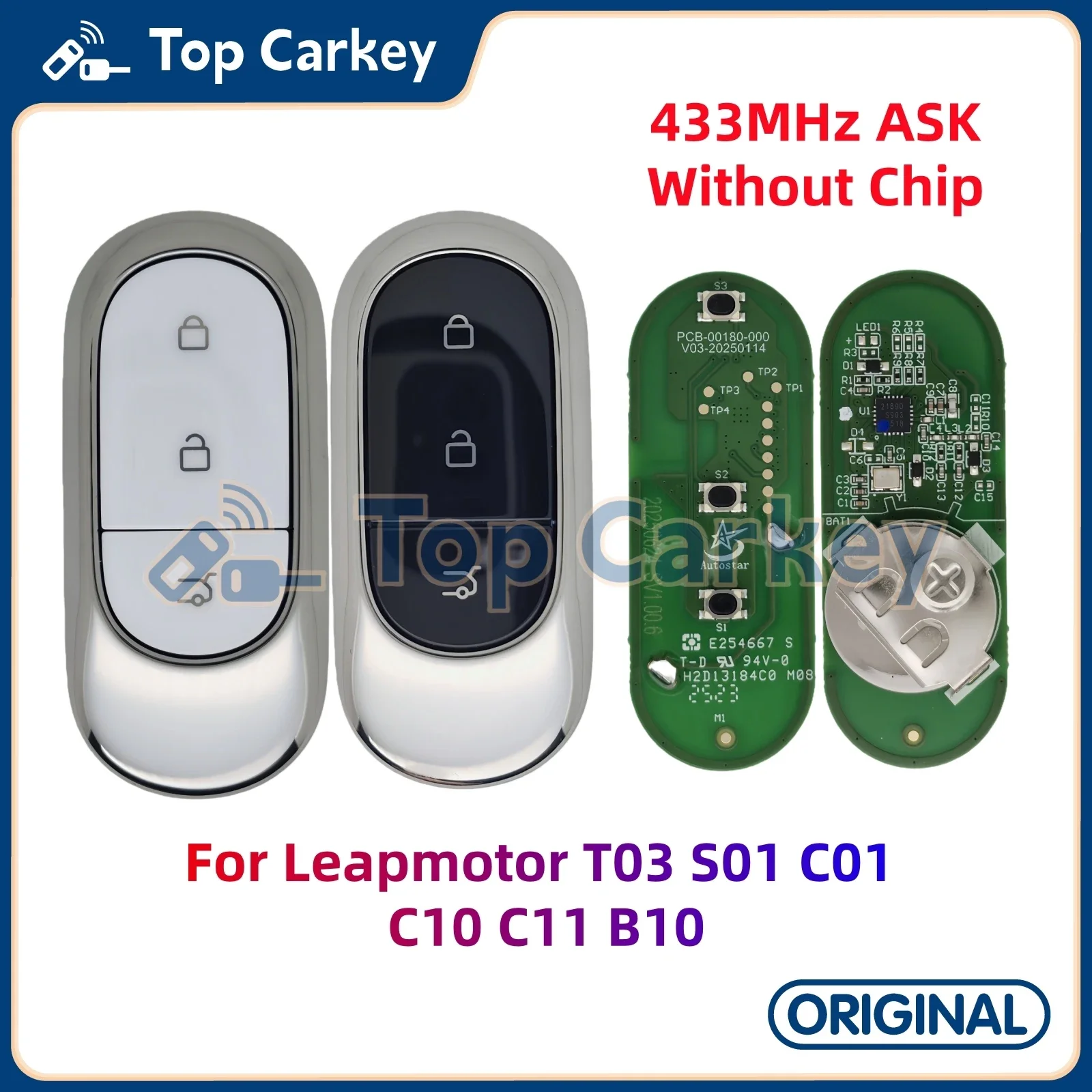 TopCarkey Original Remote Key Fob 433MHz ASK for Leapmotor T03 S01 C01 C10 C11 B10 with Key Blade
TopCarkey Original Remote Key Fob 433MHz ASK for Leapmotor T03 S01 C01 C10 C11 B10 with Key Blade