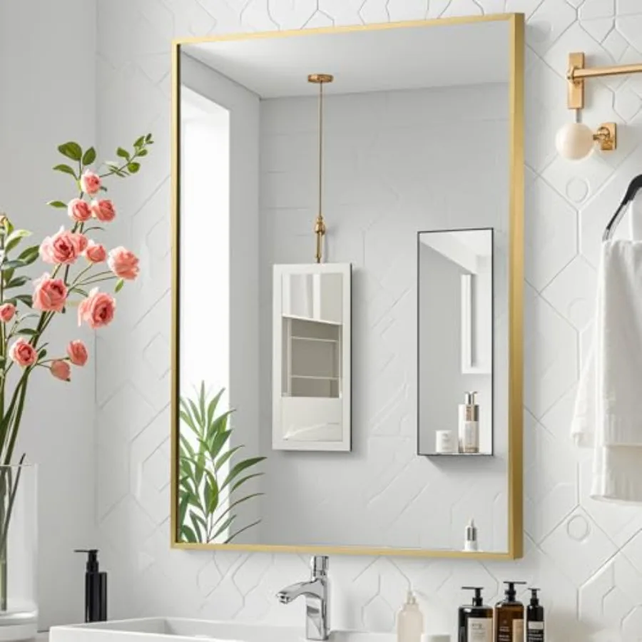 Gold Bathroom Mirror 24"x36" Rectangle Mirror Brushed Gold Mirror Metal Frame Square Corner Vanity Mirror Wall Mounted Mirror f
Gold Bathroom Mirror 24"x36" Rectangle Mirror Brushed Gold Mirror Metal Frame Square Corner Vanity Mirror Wall Mounted Mirror f