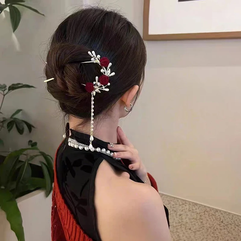 New Chinese Style Red Rose Fringe Hairpin Vintage Rose Hair Sticks Hairwear For Women Hair Fork Disk Hair Chopsticks Headdress
New Chinese Style Red Rose Fringe Hairpin Vintage Rose Hair Sticks Hairwear For Women Hair Fork Disk Hair Chopsticks Headdress