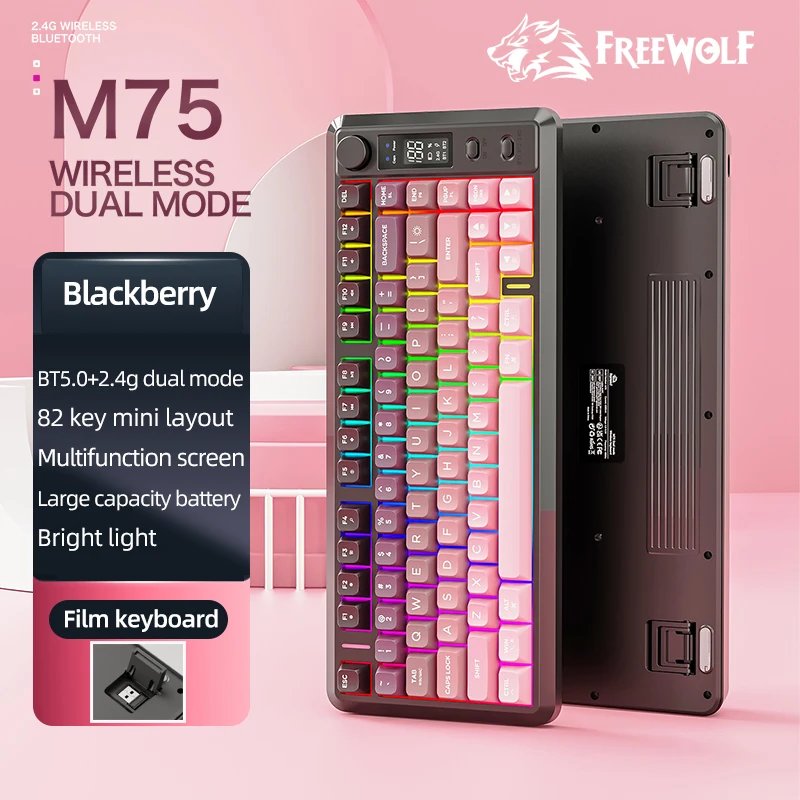 Беспроводная клавиатура FREEWOLF M75 с металлической ручкой, RGB, Bluetooth, двухрежимная, многофункциональная для ПК, ноутбука, подходит для работы
Беспроводная клавиатура FREEWOLF M75 с металлической ручкой, RGB, Bluetooth, двухрежимная, многофункциональная для ПК, ноутбука, подходит для работы