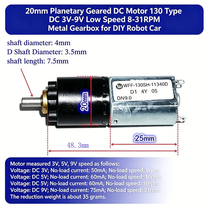 Mini 20mm 130 Gear Motor DC 3V 5V 6V 9V 8RPM-31RPM Slow Speed Three-Stage Planetary Gearbox Gear Reduction Motor DIY Robot Car
Mini 20mm 130 Gear Motor DC 3V 5V 6V 9V 8RPM-31RPM Slow Speed Three-Stage Planetary Gearbox Gear Reduction Motor DIY Robot Car