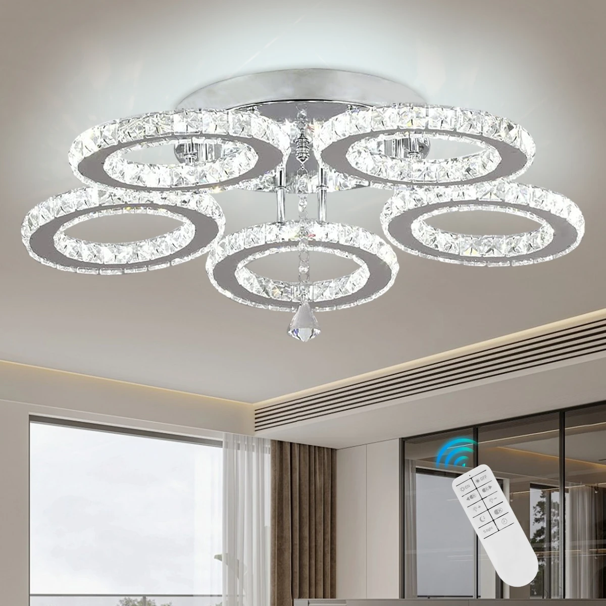 5-Ring Crystal Pendant Ceiling Light with Stainless Steel&Crystal, Remote Control Dimmable Lighting, Home Decor Lighting Fixture
5-Ring Crystal Pendant Ceiling Light with Stainless Steel&Crystal, Remote Control Dimmable Lighting, Home Decor Lighting Fixture