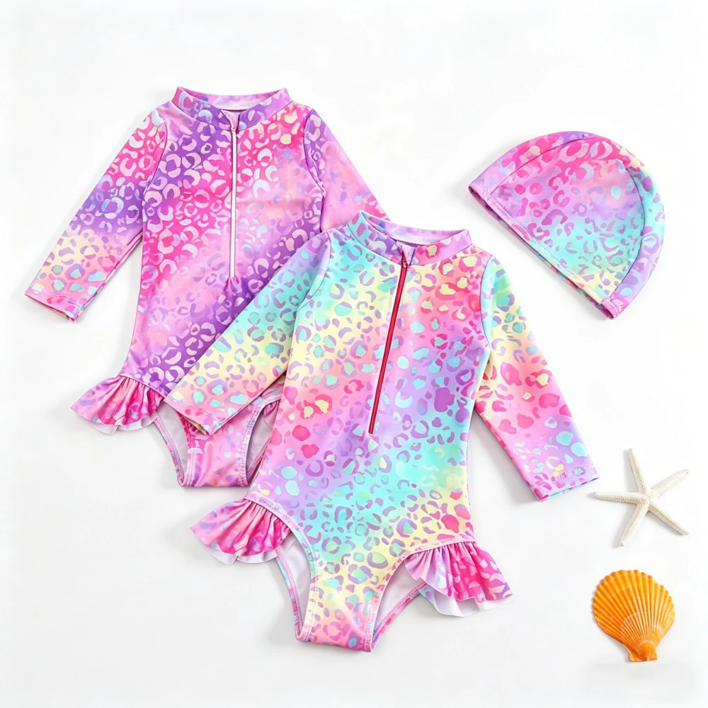 Kids Girls One Piece Swimsuit Gradient Leopard Print Long Sleeve Zipper Bathing Suit with Swim Cap UV Protection Beachwear
Kids Girls One Piece Swimsuit Gradient Leopard Print Long Sleeve Zipper Bathing Suit with Swim Cap UV Protection Beachwear
