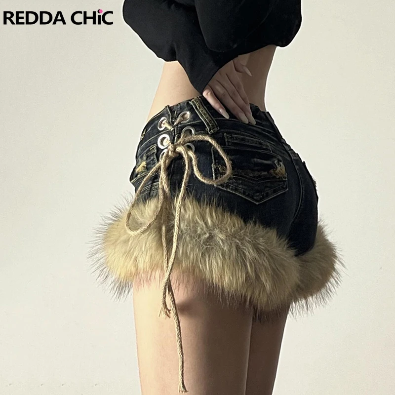 ReddaChic Y2K Low Rise Denim Shorts Retro Stitch Faux Fur Cuffs Slim Fit Mini Lace Up Jean Shorts Hot Winter Gyaru Women Clothes
ReddaChic Y2K Low Rise Denim Shorts Retro Stitch Faux Fur Cuffs Slim Fit Mini Lace Up Jean Shorts Hot Winter Gyaru Women Clothes