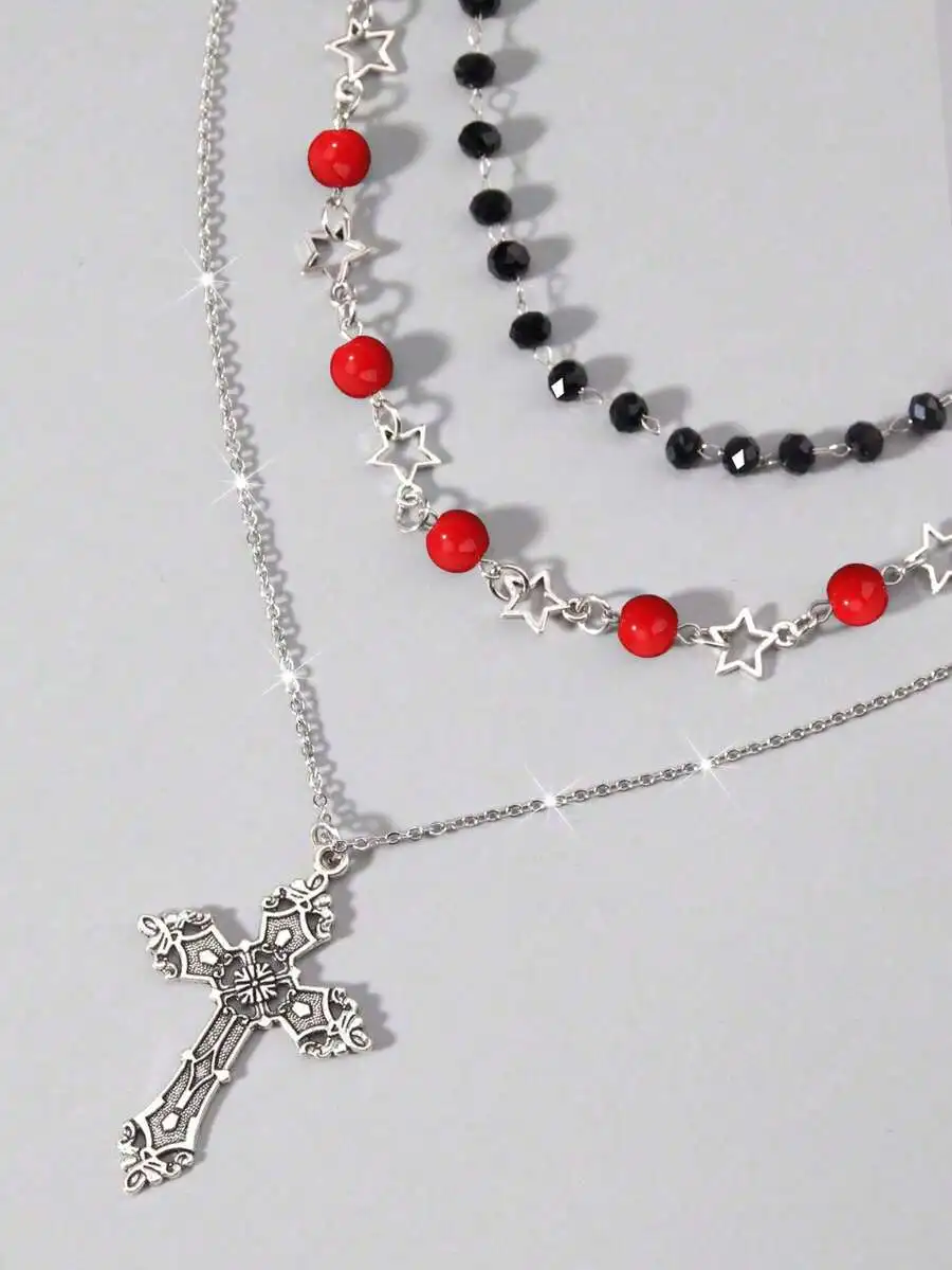 3pcs Gothic Layered Necklace Set With Cross Star Beads Stainless Steel Pendant Choker
3pcs Gothic Layered Necklace Set With Cross Star Beads Stainless Steel Pendant Choker
