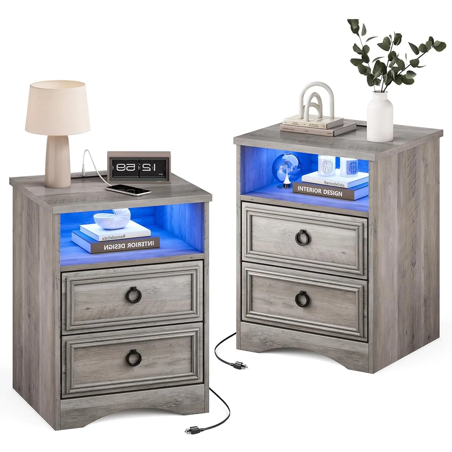 Set of 2 Nightstand with Charger Station Strip Lights, Large Night Stand with 2 Drawers,17.7" W Accent Bed Side, Customized
Set of 2 Nightstand with Charger Station Strip Lights, Large Night Stand with 2 Drawers,17.7" W Accent Bed Side, Customized