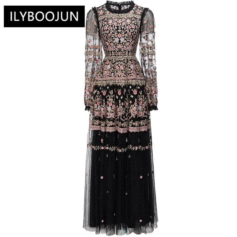 Summer Fashion Designer Vintage Party Mesh Dress Women's Ruffles Collar Lace Embroidery High Waist Slim Maxi Long Dress
Summer Fashion Designer Vintage Party Mesh Dress Women's Ruffles Collar Lace Embroidery High Waist Slim Maxi Long Dress