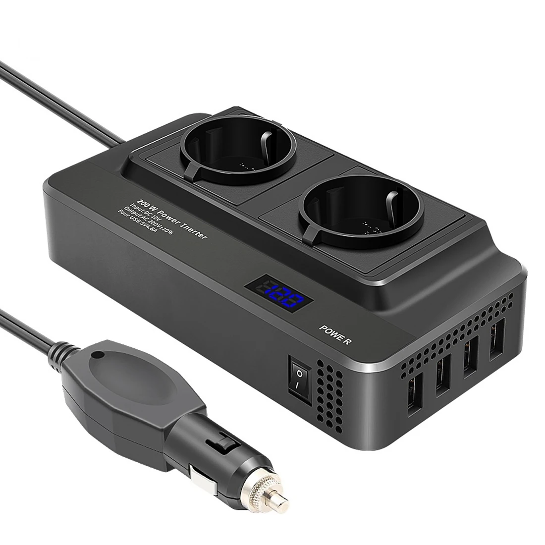 200W Car Inverter, Voltage Converter 12V to 220V with Smart Time Display LCD, 2 Sockets and 4 USB Car Chargers (EU Plug)
200W Car Inverter, Voltage Converter 12V to 220V with Smart Time Display LCD, 2 Sockets and 4 USB Car Chargers (EU Plug)