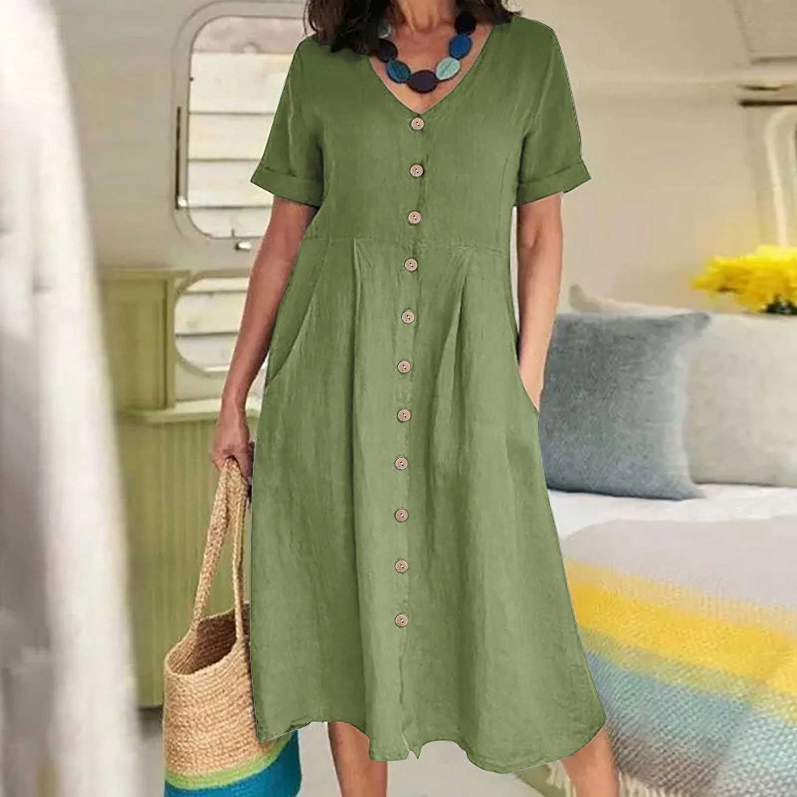 Cotton Linen Midi Dress Elegant Casual V Neck Short Sleeve Solid Loose High Waist Party Dresses Women's Clothing Summer New 2024
Cotton Linen Midi Dress Elegant Casual V Neck Short Sleeve Solid Loose High Waist Party Dresses Women's Clothing Summer New 2024