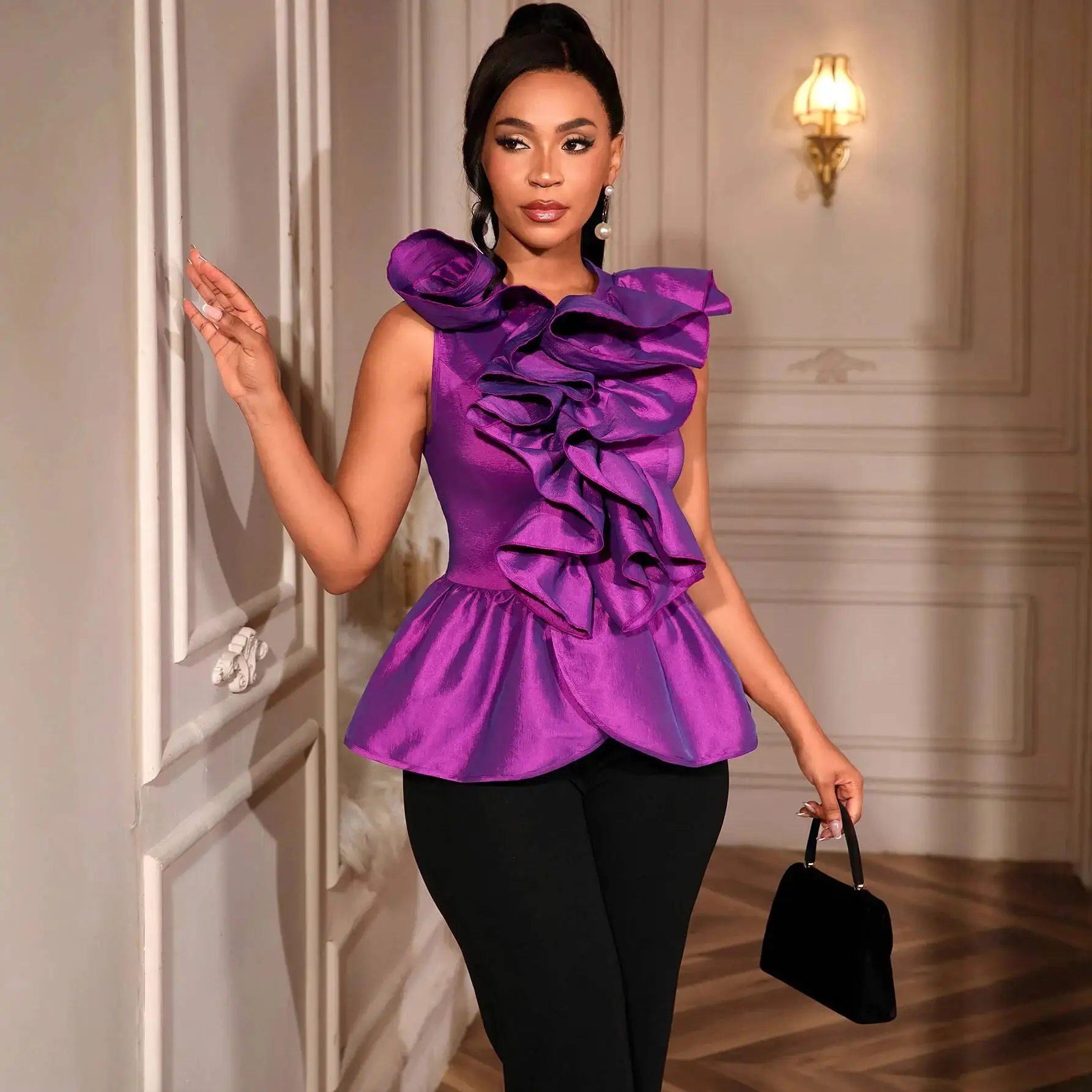 New Design Round Neck Sleeveless Top Irregular Ruffle Waist Women's Party Shirt Tops
New Design Round Neck Sleeveless Top Irregular Ruffle Waist Women's Party Shirt Tops