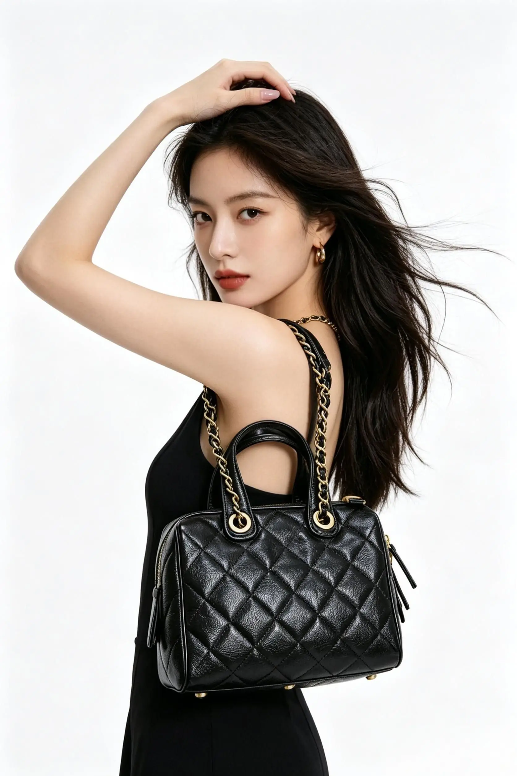 Women's Black Quilted Leather Boston Bag Fashion with Top Handle & Gold Chain Crossbody Strap
Women's Black Quilted Leather Boston Bag Fashion with Top Handle & Gold Chain Crossbody Strap
