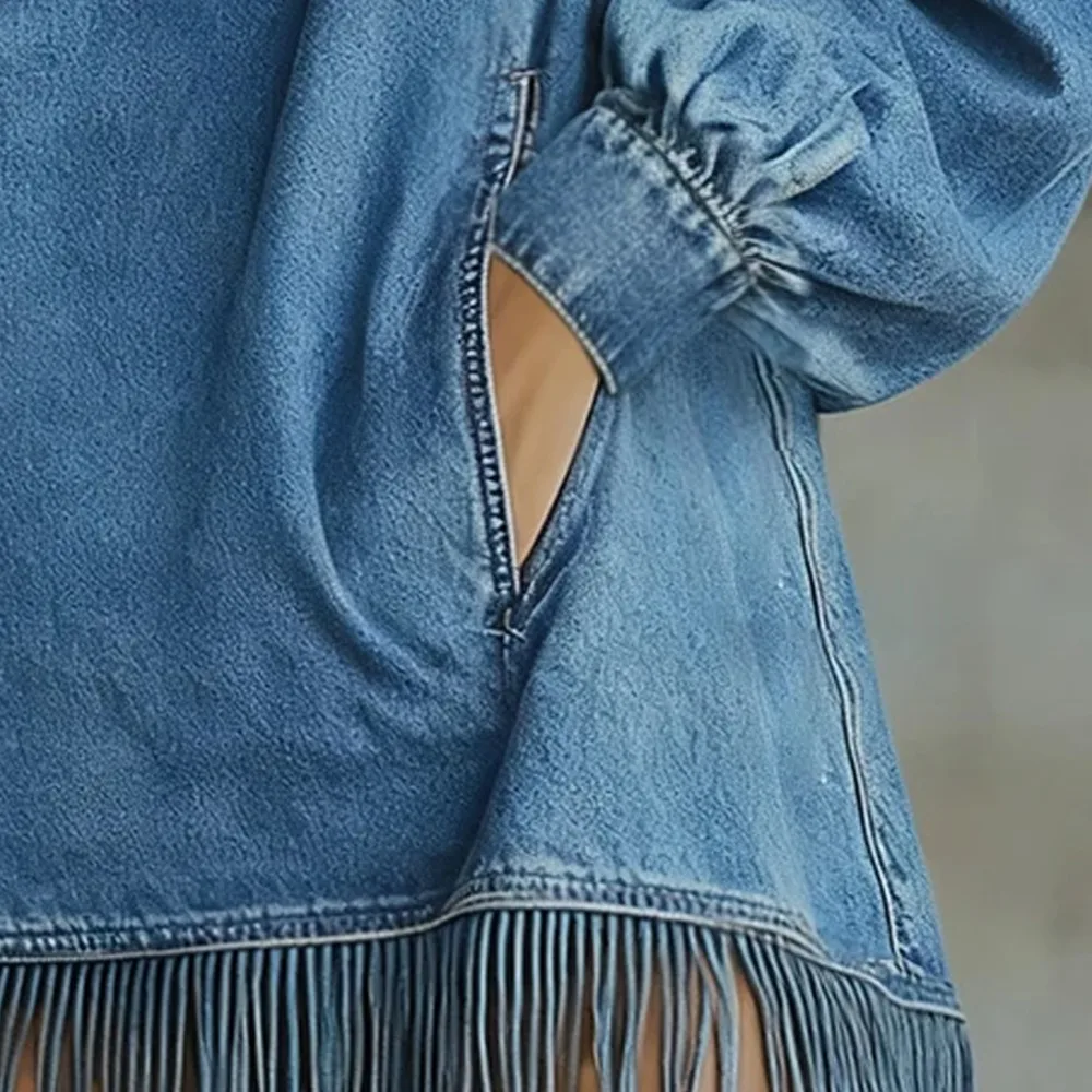 Women's Western Vintage Blue Denim Fringe Mini Dress Turtleneck Zip Up Loose Fit Tassel Trim Pocket Casual Autumn Dresses
Women's Western Vintage Blue Denim Fringe Mini Dress Turtleneck Zip Up Loose Fit Tassel Trim Pocket Casual Autumn Dresses