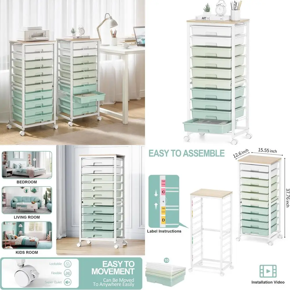 Тележка для хранения с 10 ящиками, деревянной столешницей и зеленой отделкой
Тележка для хранения с 10 ящиками, деревянной столешницей и зеленой отделкой