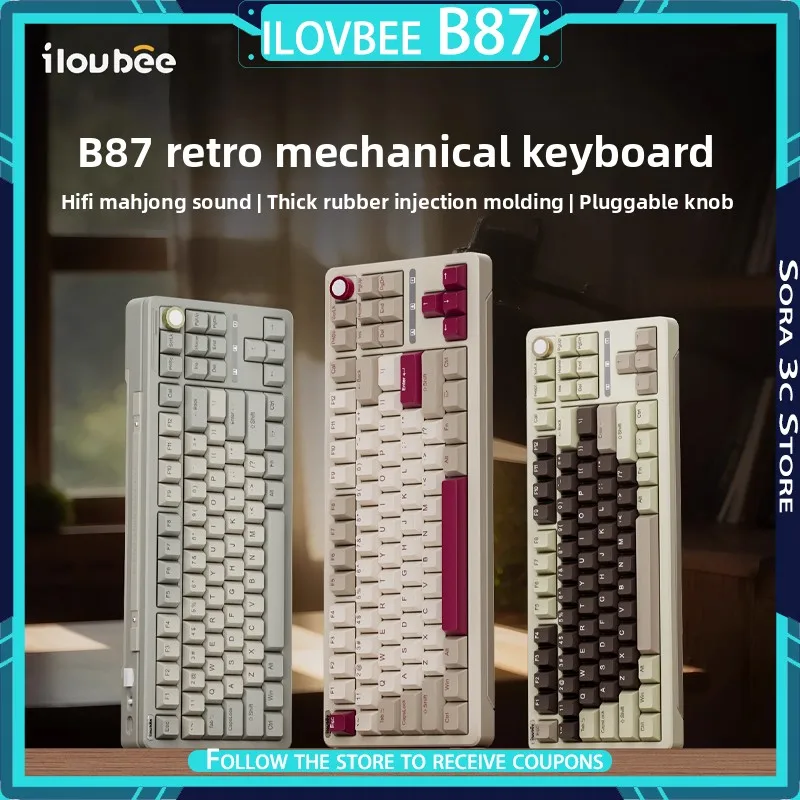 Ilovbee B87 Retro Mechanical Keyboard Wireless Bluetooth Multi-function Knob Hot Plug RGB Customized Office Gaming Keyboard