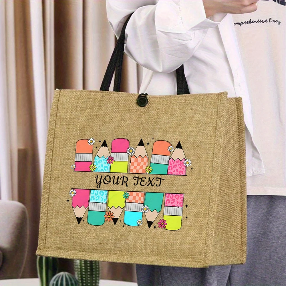 Personalized Teacher-Themed Linen Tote Bag with Custom Name Colorful Pencil Floral Button Closure Shopping Bag Graduation Gift
Personalized Teacher-Themed Linen Tote Bag with Custom Name Colorful Pencil Floral Button Closure Shopping Bag Graduation Gift