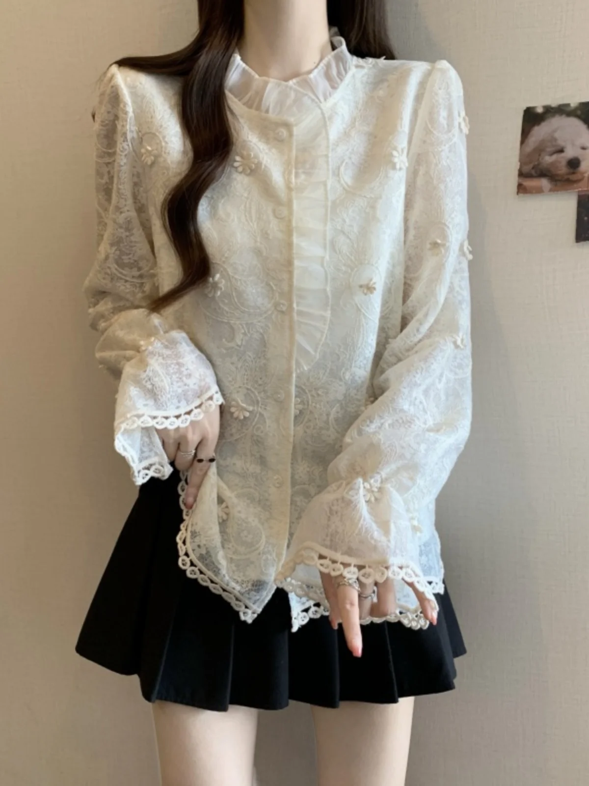 Elegant Lace Long Sleeve Shirt Women's Spring Autumn plus Size Flared Sleeve Stand Collar Korean Style Loose Fit Office Wear
Elegant Lace Long Sleeve Shirt Women's Spring Autumn plus Size Flared Sleeve Stand Collar Korean Style Loose Fit Office Wear