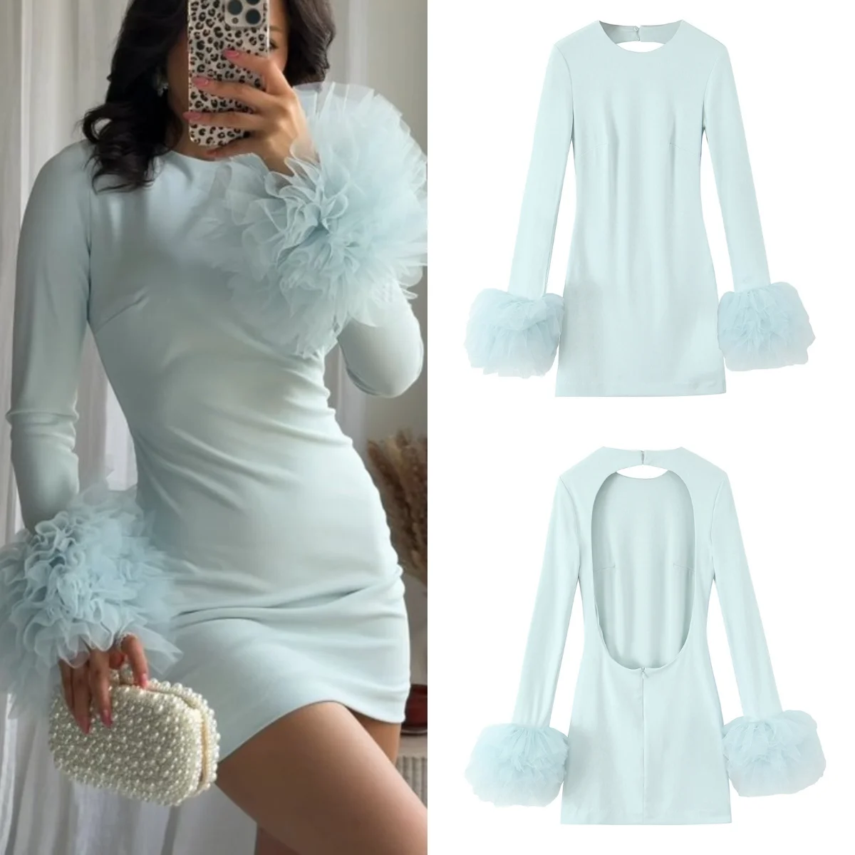 Women's Fashion Slim Dresses Sky Blue O-Neck Long Sleeves Backless Decoration Button Female Summer Sexy Party Dress
Women's Fashion Slim Dresses Sky Blue O-Neck Long Sleeves Backless Decoration Button Female Summer Sexy Party Dress
