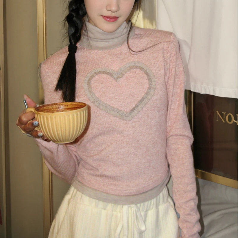 Autumn Turtleneck Splicing Heart Knitted Top Women Autumn Winter Slim Fit Long Sleeve Bottom Pullover Sweet Y2k Sweater
Autumn Turtleneck Splicing Heart Knitted Top Women Autumn Winter Slim Fit Long Sleeve Bottom Pullover Sweet Y2k Sweater