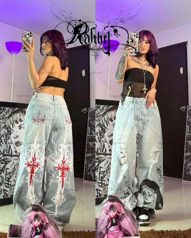 Gothic Harajuku Washed Ripped Y2K Jeans Women Retro Anime Print High Waist Straight Wide Legs Punk Hip Hop Streetwear Trousers 
Gothic Harajuku Washed Ripped Y2K Jeans Women Retro Anime Print High Waist Straight Wide Legs Punk Hip Hop Streetwear Trousers