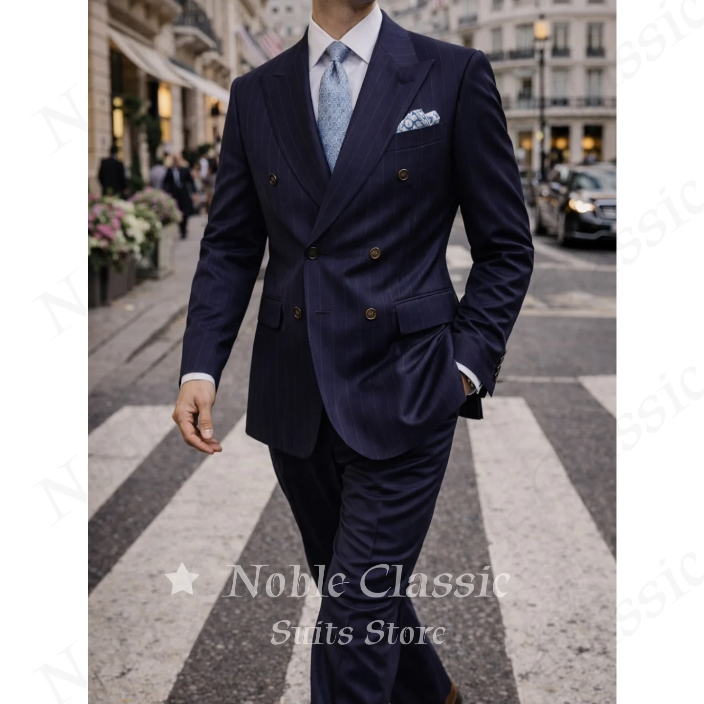 Navy Blue Chalk Stripe 2 Piece Suit Slim Fit Peak Lapel Double Breasted Blazer Pants Set Business Streetwear Office Customized
Navy Blue Chalk Stripe 2 Piece Suit Slim Fit Peak Lapel Double Breasted Blazer Pants Set Business Streetwear Office Customized