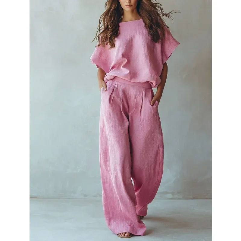 Solid Color Linen Matching Set Women Batwing Sleeve Drop Shoulder Top Elastic Waist Wide Leg Pants Elegant Casual Holiday 2026
Solid Color Linen Matching Set Women Batwing Sleeve Drop Shoulder Top Elastic Waist Wide Leg Pants Elegant Casual Holiday 2026