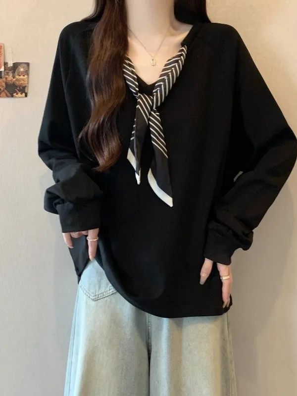 plus Size Women's Unique Beautiful Scarf Long Sleeve Hoodie Loose Base Shirt Top Korean Style V-neck Color Casual Wear
plus Size Women's Unique Beautiful Scarf Long Sleeve Hoodie Loose Base Shirt Top Korean Style V-neck Color Casual Wear