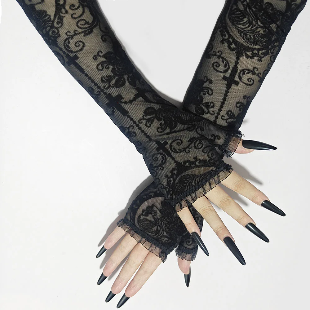 Skeleton Cross Flowers Lace Mesh Sexy Black Long Half Finger Gloves Arm Sleeve Women Halloween Cosplay Transparent Fingerless
Skeleton Cross Flowers Lace Mesh Sexy Black Long Half Finger Gloves Arm Sleeve Women Halloween Cosplay Transparent Fingerless