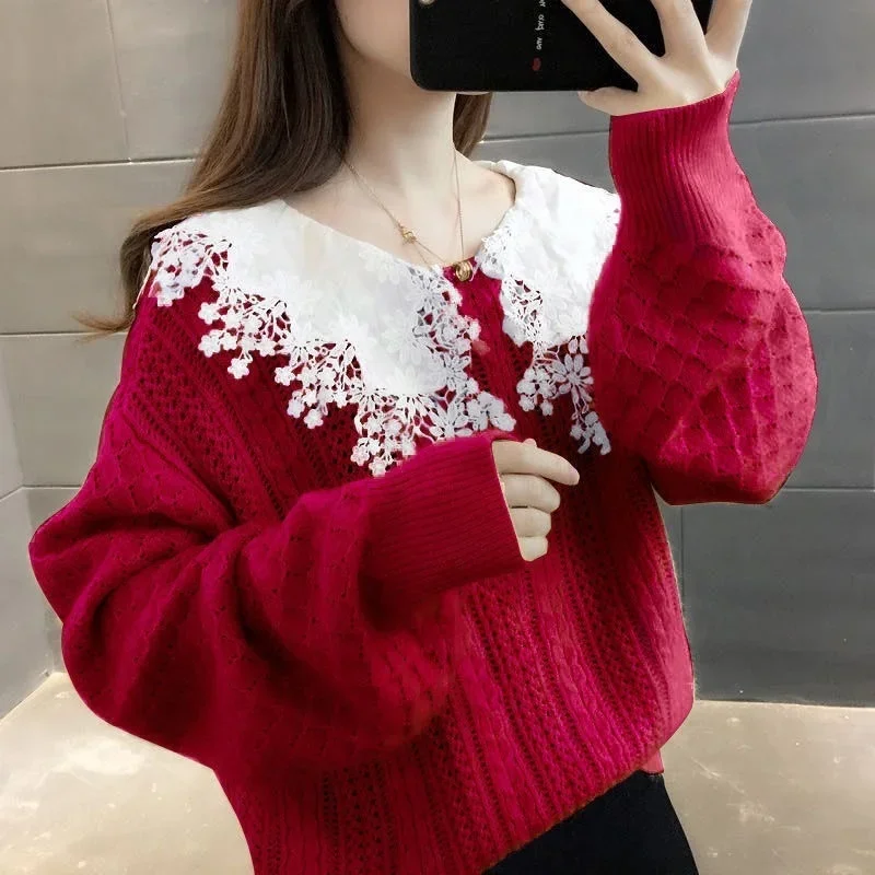 Autumn Winter Korean Lace Splicing Round Collar Knit Sweater Women 5 Color Short Pullover Loose Long Sleeve Knitted Tops Female
Autumn Winter Korean Lace Splicing Round Collar Knit Sweater Women 5 Color Short Pullover Loose Long Sleeve Knitted Tops Female