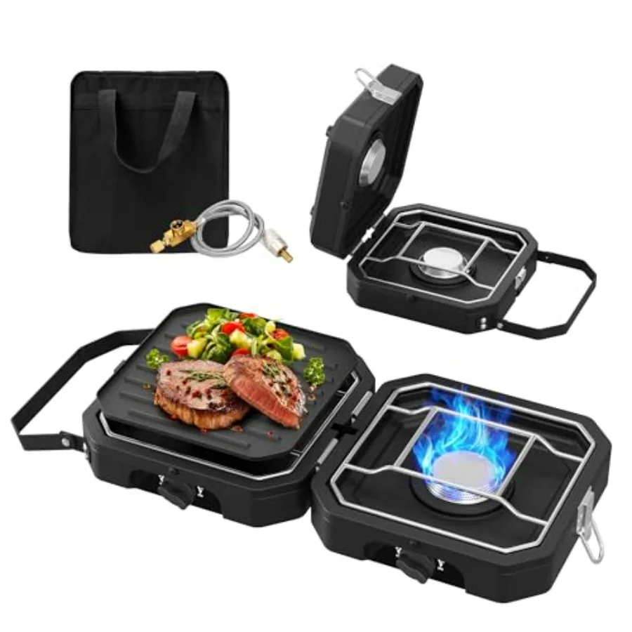 Portable propane camping stove with independently adjustable heat, black foldable dual-burner gas stove for outdoor cooking, ta
Portable propane camping stove with independently adjustable heat, black foldable dual-burner gas stove for outdoor cooking, ta