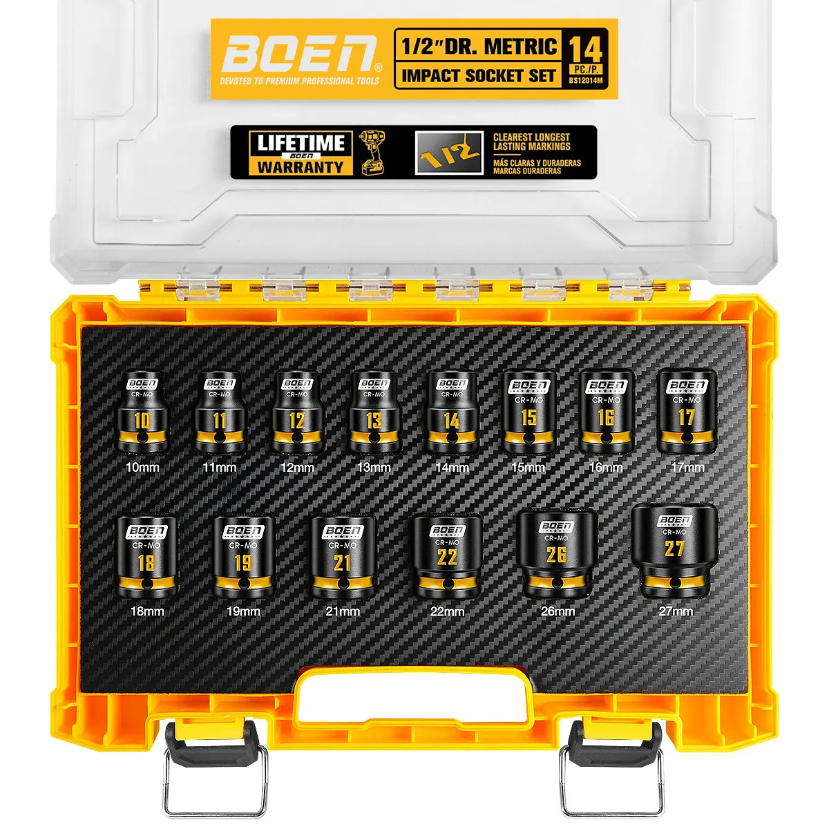 BOEN PRO 14pc 1/2" Drive Shallow Metric Impact Socket Set (10-19,21,22,26,27mm), Cr-Mo
BOEN PRO 14pc 1/2" Drive Shallow Metric Impact Socket Set (10-19,21,22,26,27mm), Cr-Mo